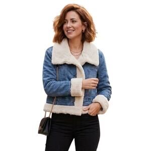 Celebrity Pink Womens Denim Cropped Jacket L Blue Cozy Faux Fur Sherpa Midwash